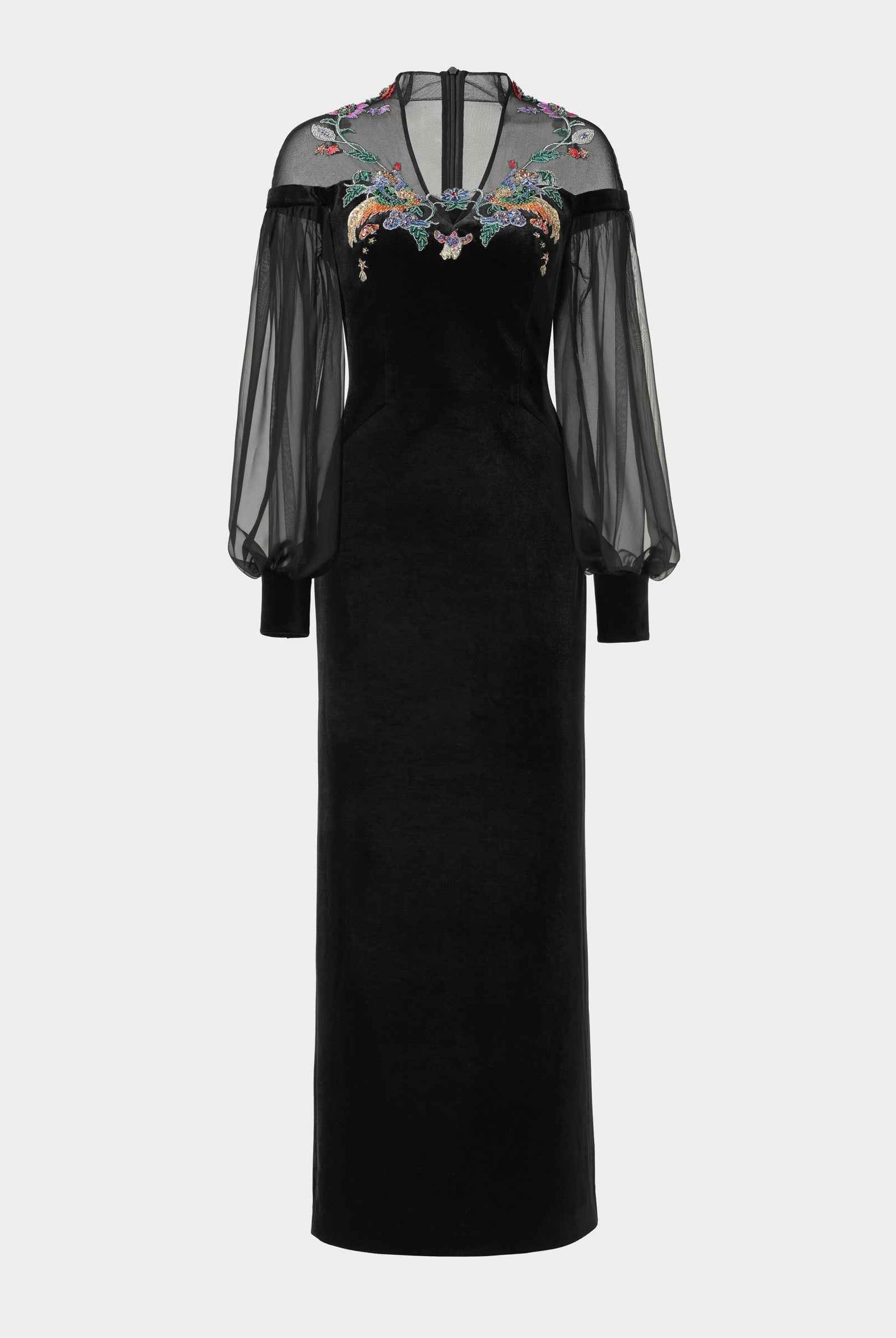 Phoenix Embroidered Sheath Gown with Lantern Sleeves