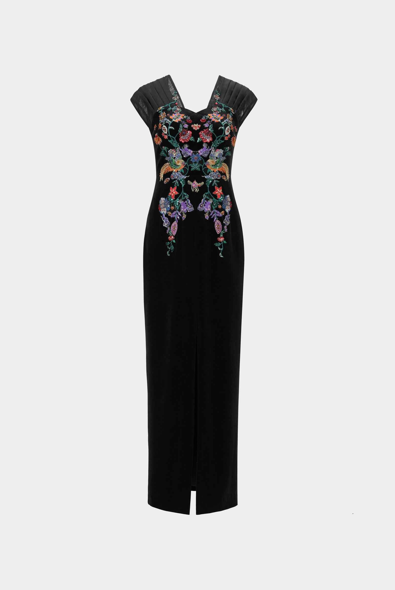 Phoenix Embroidered Gown with Pleated Shoulders