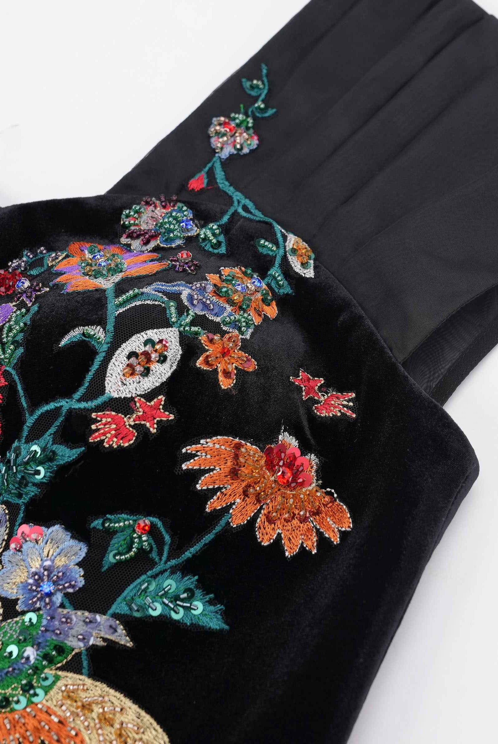 Phoenix Embroidered Gown with Pleated Shoulders