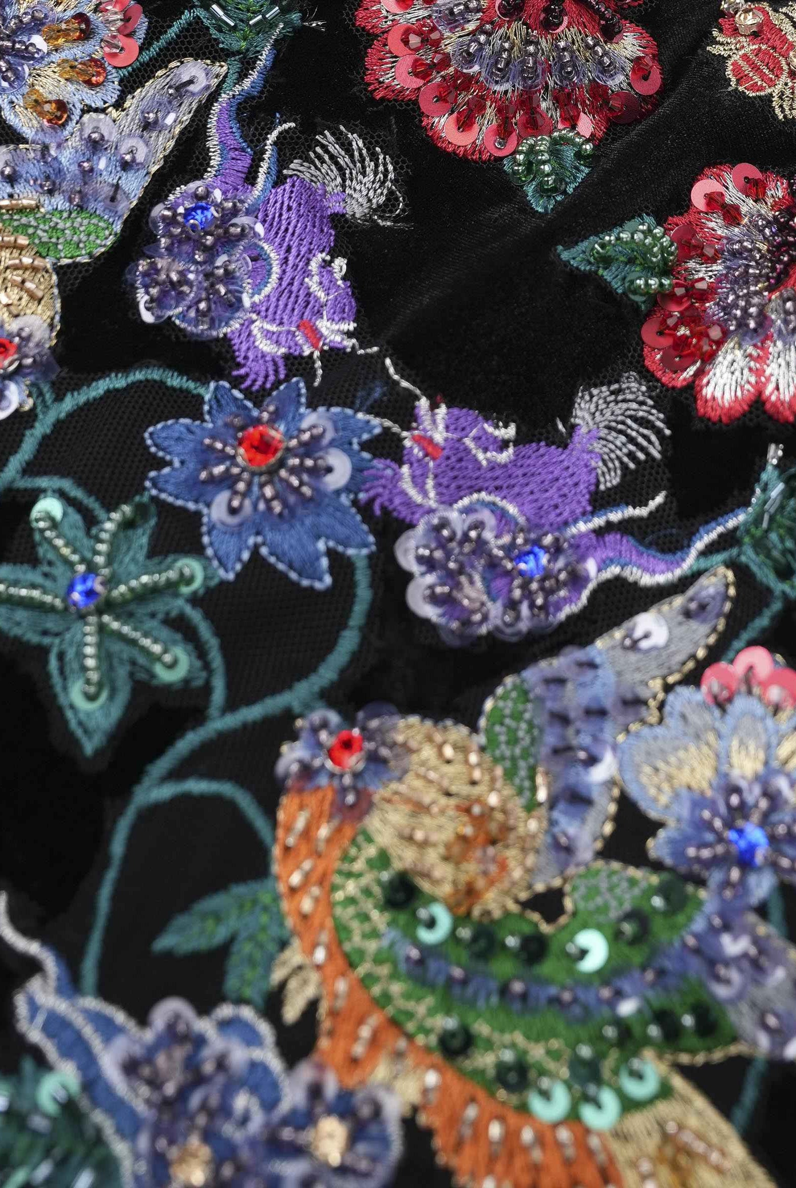 Phoenix Embroidered Gown with Pleated Shoulders