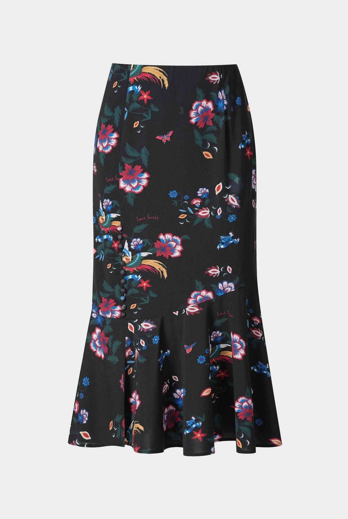 Phoenix Printed Midi Skirt with Flounce Hem