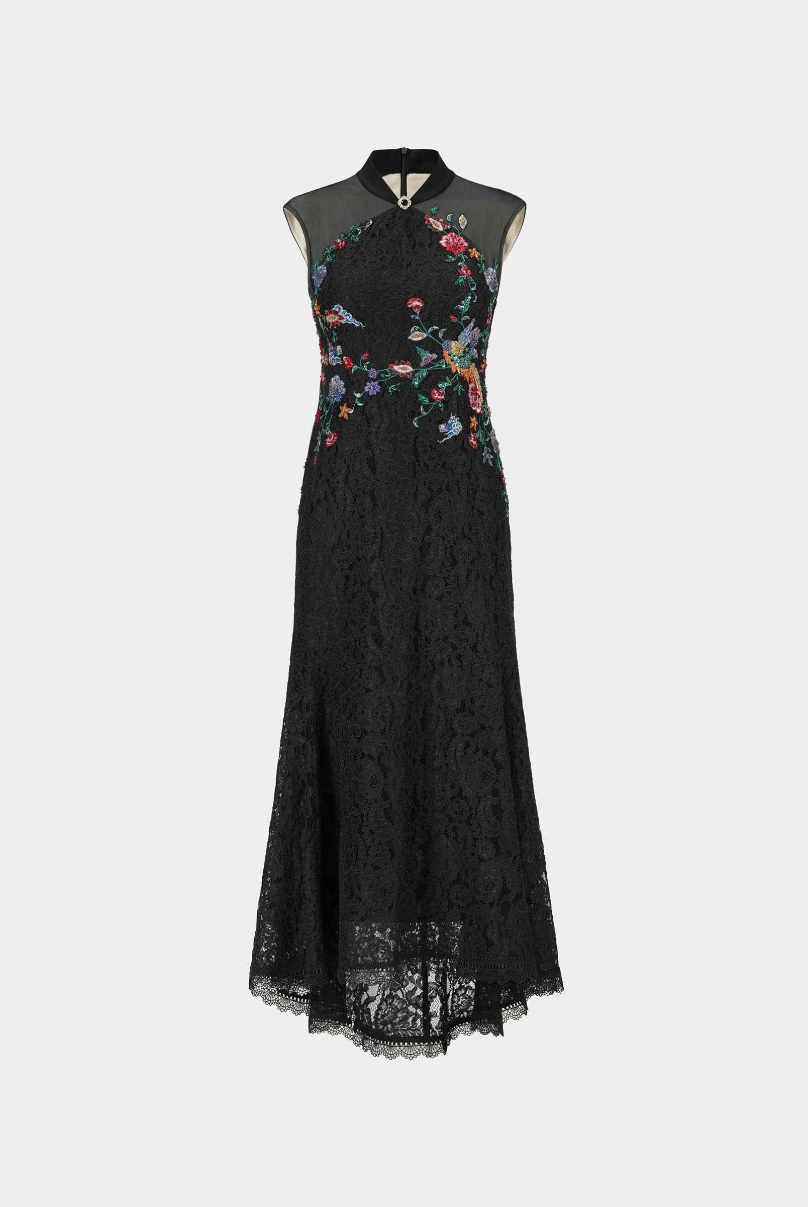 Peony Embroidered Midi Gown with Lace Accents