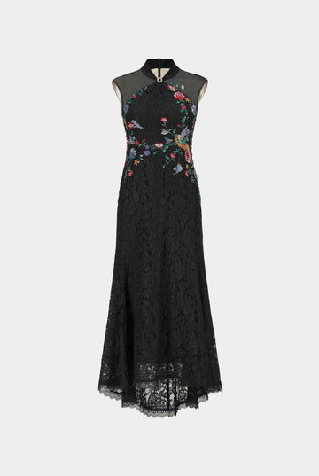Peony Embroidered Midi Gown with Lace Accents