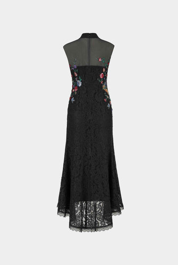 Peony Embroidered Midi Gown with Lace Accents