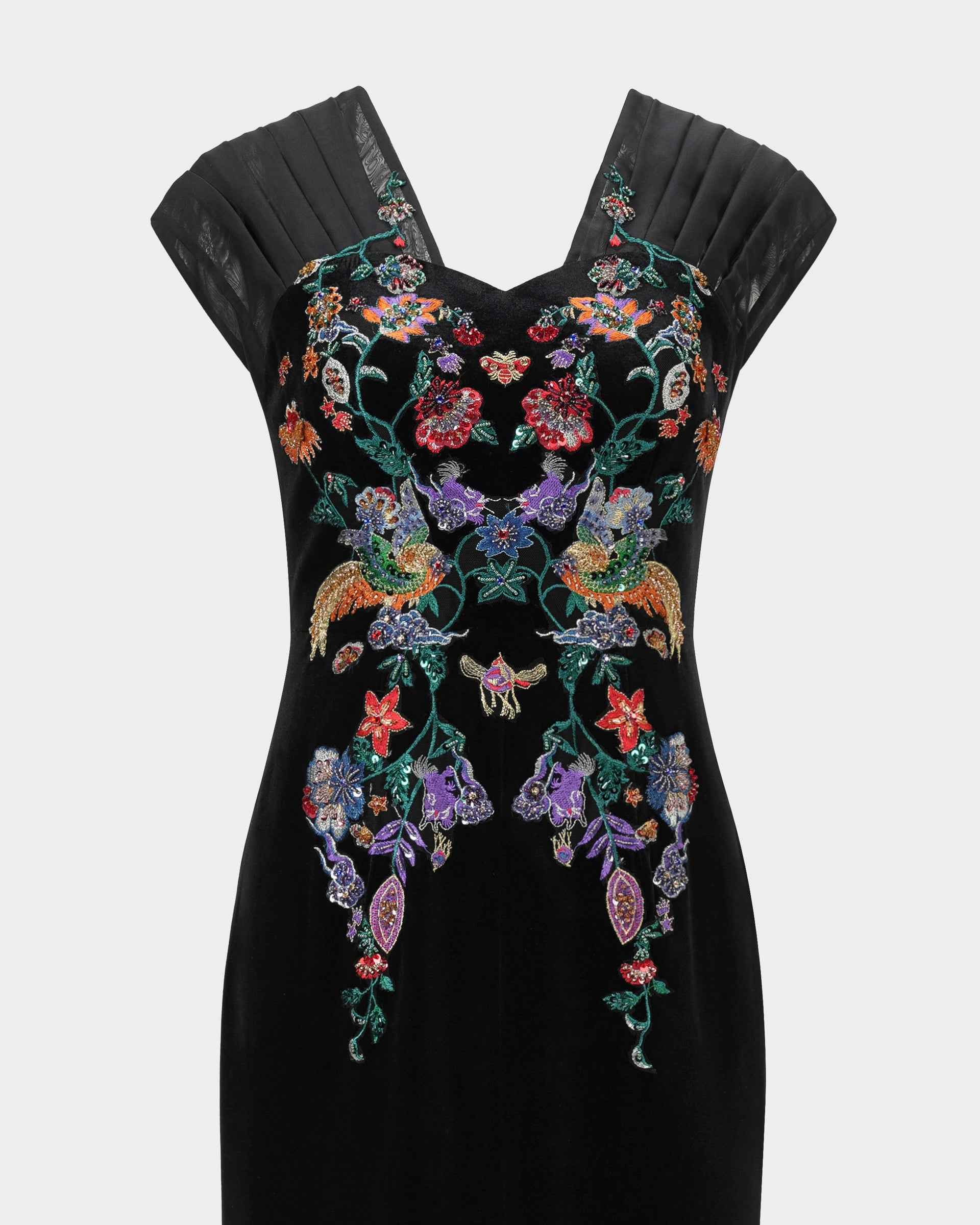 Phoenix Embroidered Gown with Pleated Shoulders