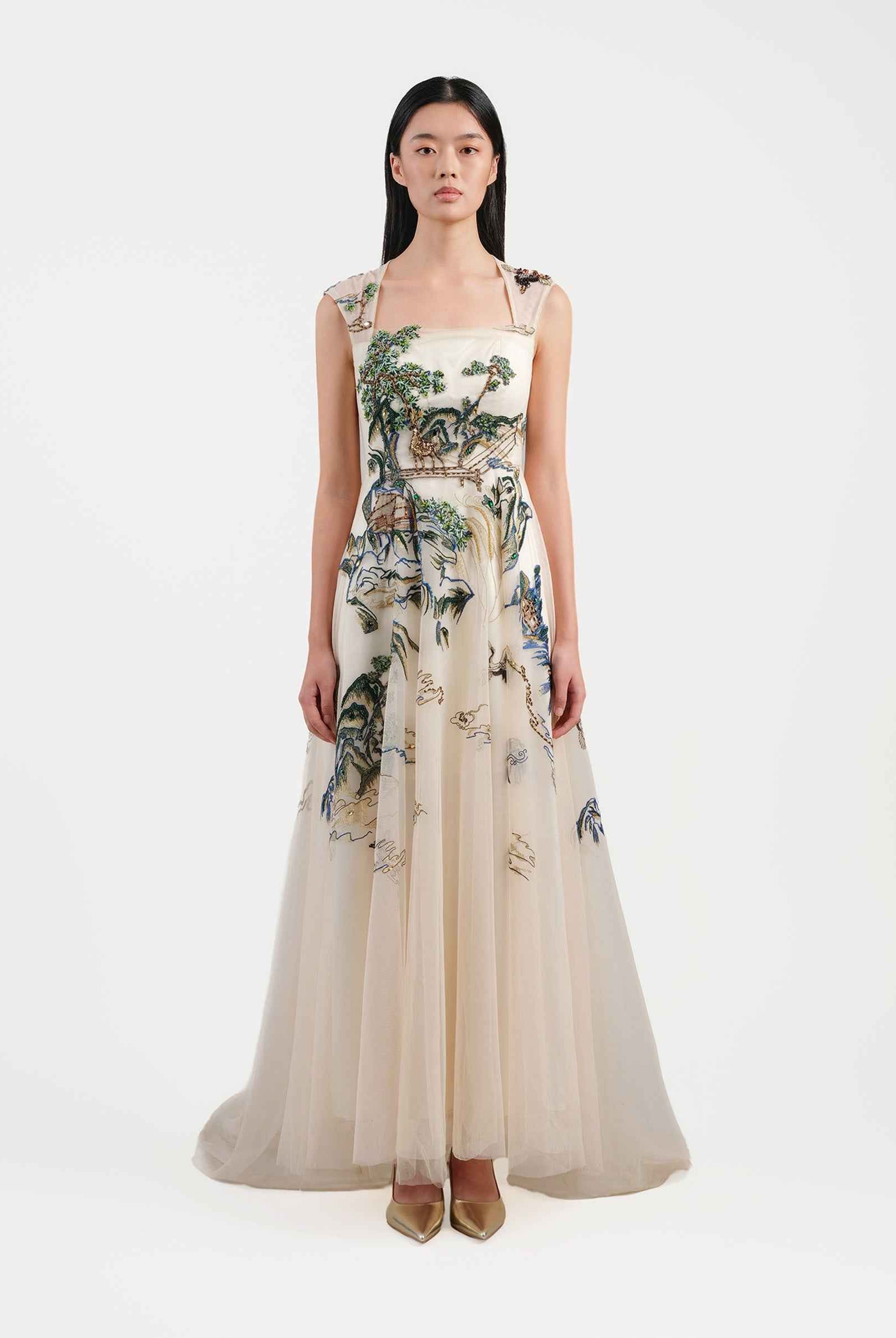 Riverscape High-Low Gown with Embroidery