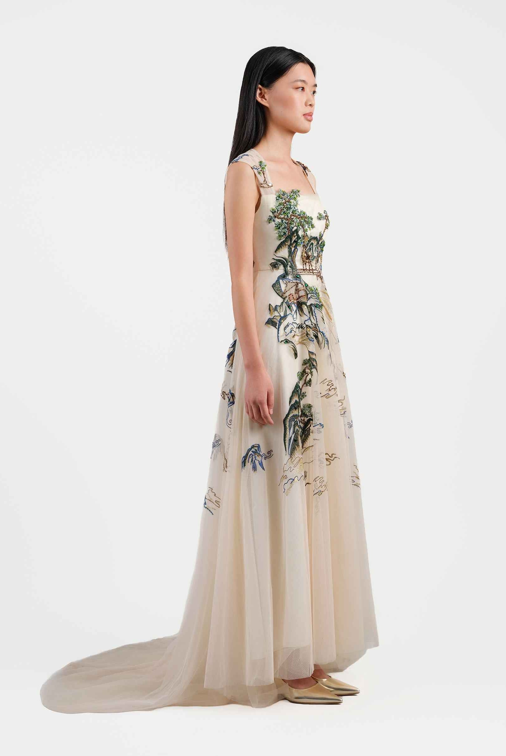 Riverscape High-Low Gown with Embroidery