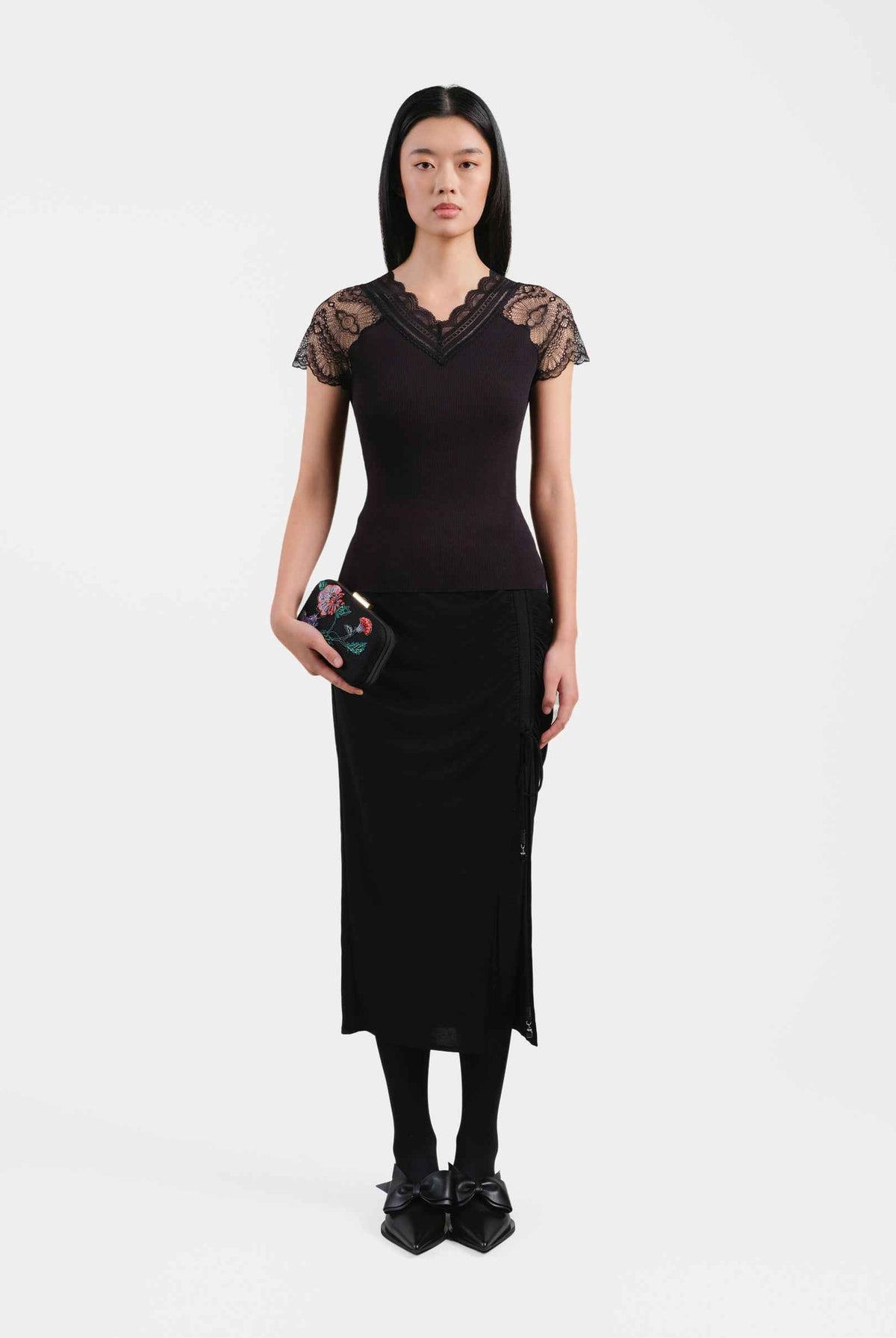 Black Ruched Midi Skirt
