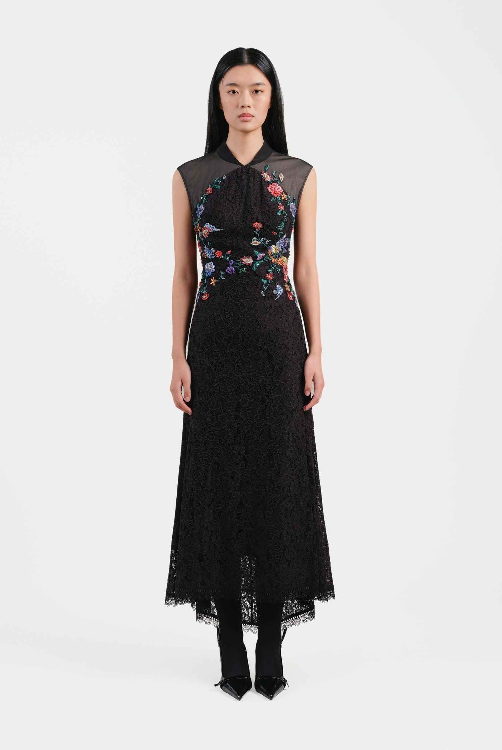 Peony Embroidered Midi Gown with Lace Accents