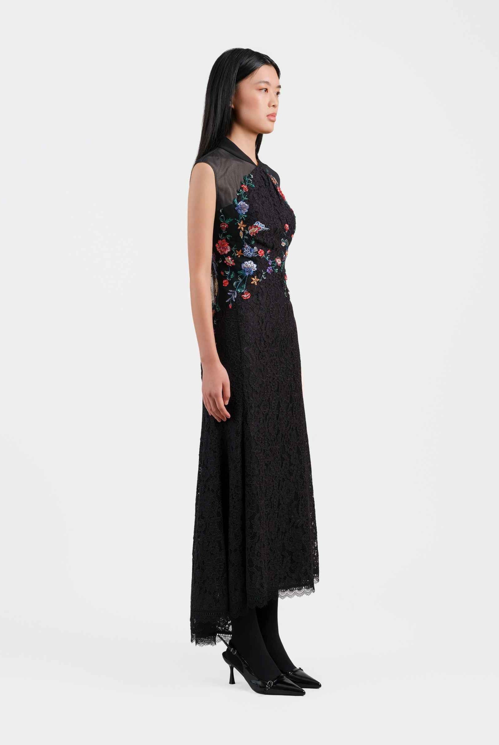 Peony Embroidered Midi Gown with Lace Accents