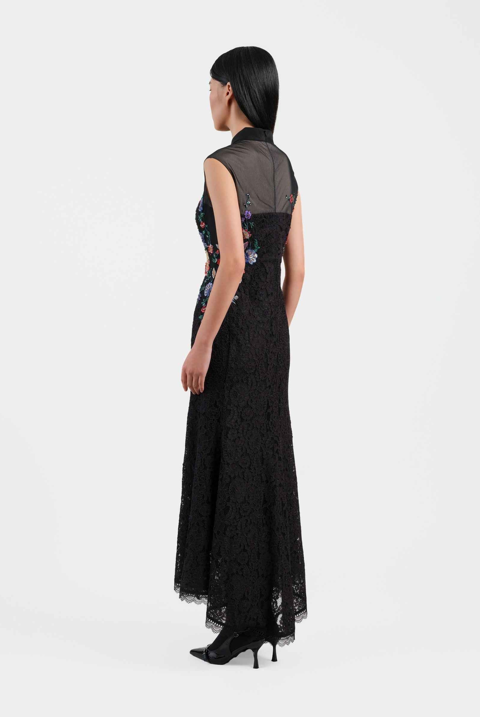 Peony Embroidered Midi Gown with Lace Accents