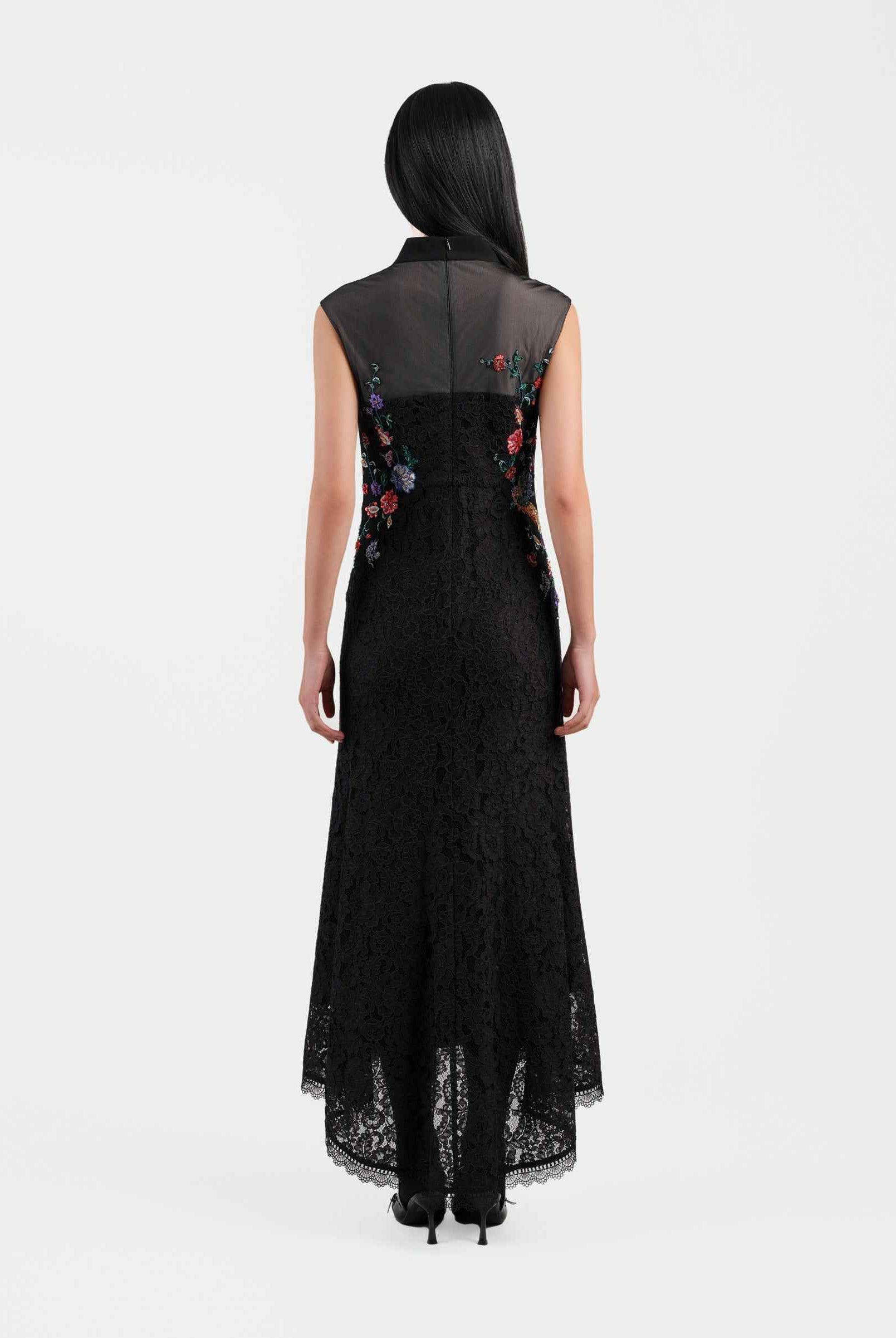 Peony Embroidered Midi Gown with Lace Accents