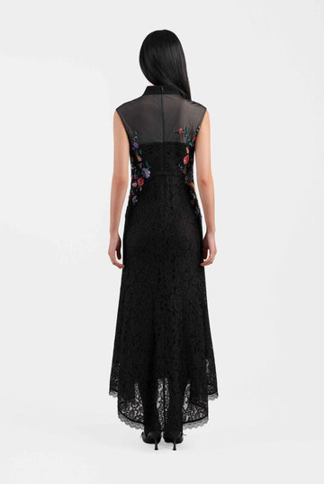 Peony Embroidered Midi Gown with Lace Accents