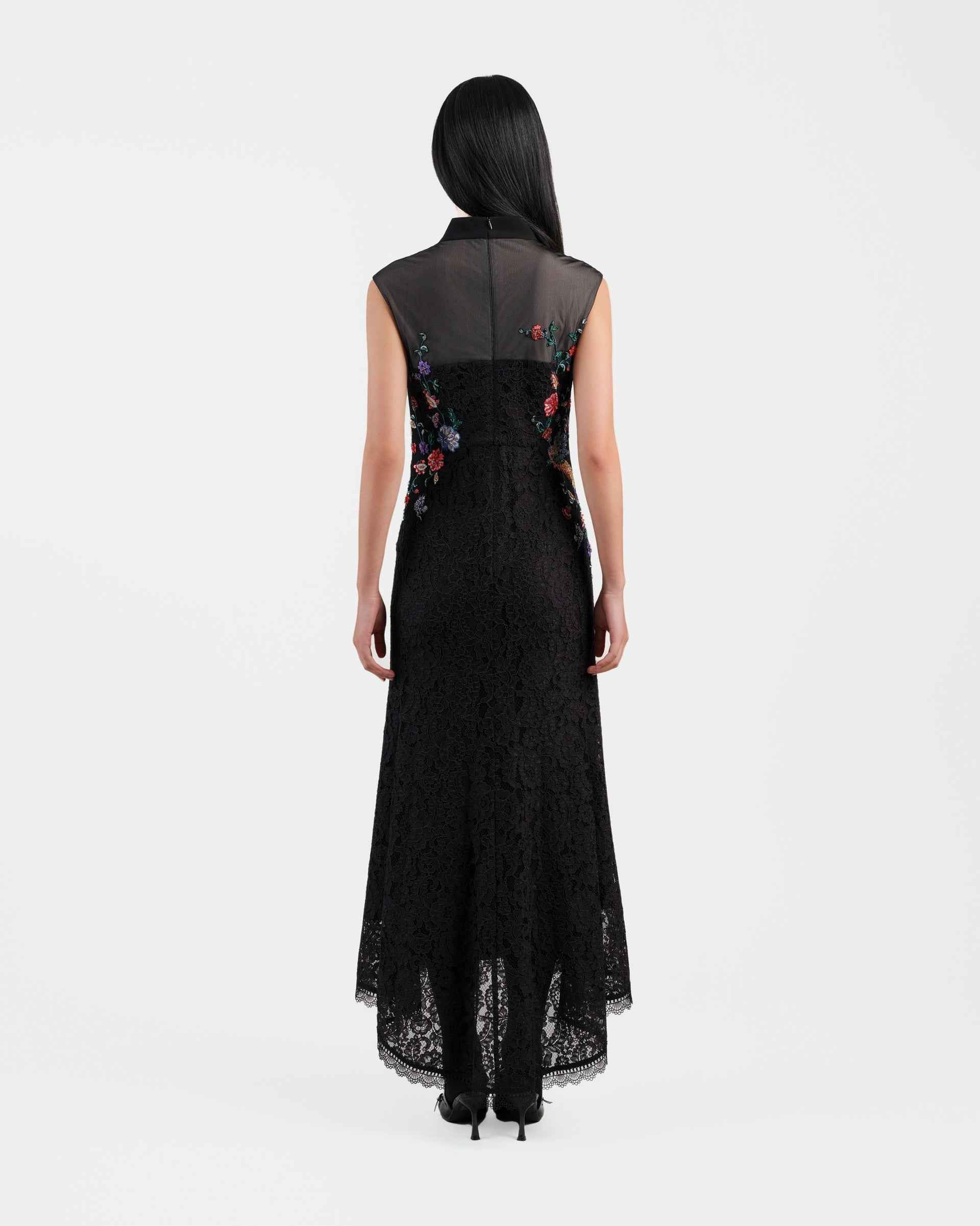 Peony Embroidered Midi Gown with Lace Accents