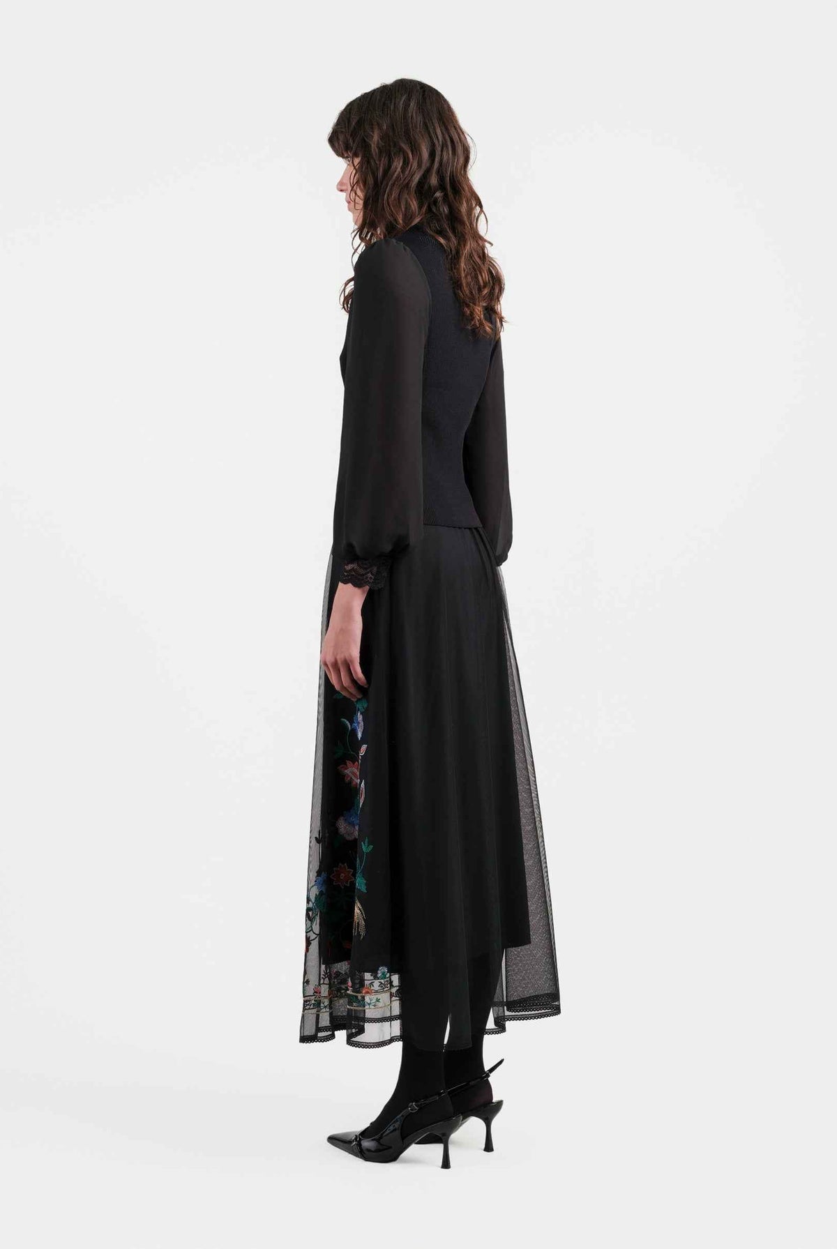 Phoenix Embroidered Midi Skirt with Lace Trim