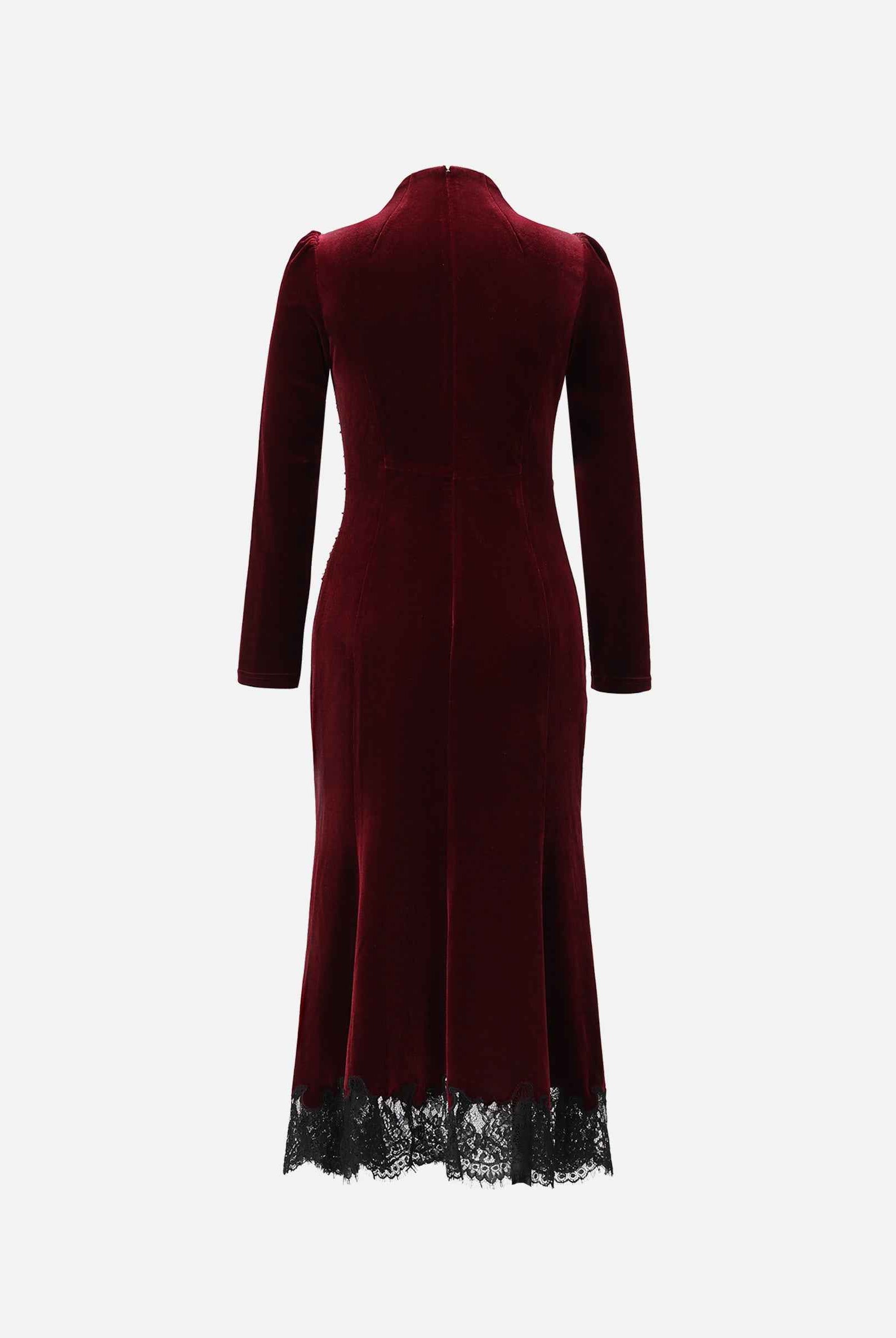 Velvet Lace-Trim Midi Dress