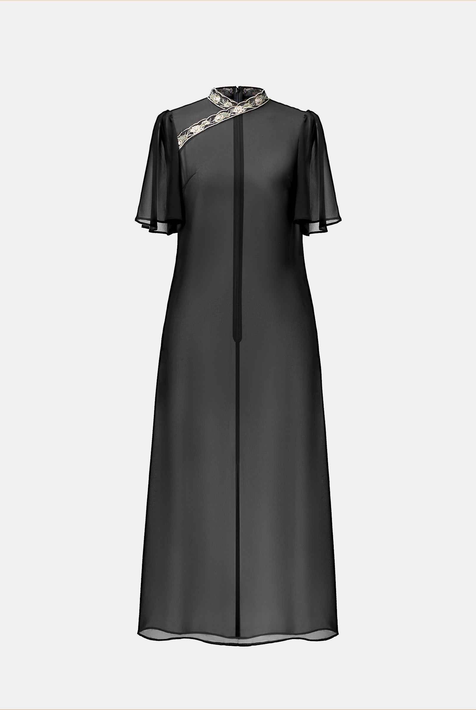 Chinese-Inspired Embroidered Cinched-Waist Shift Dress