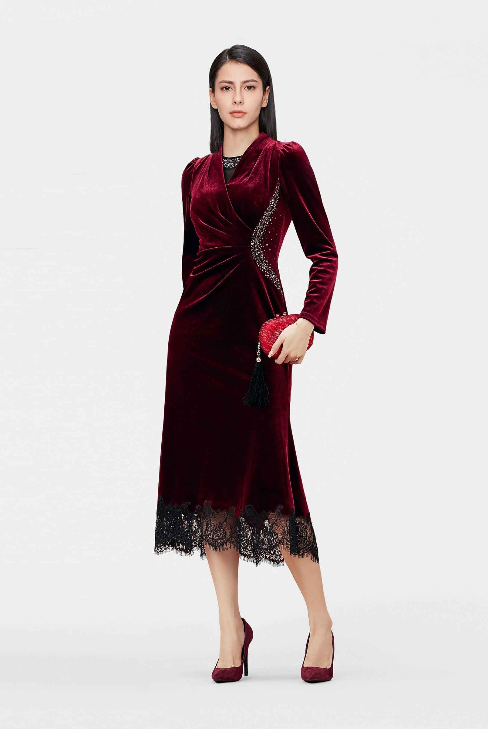 Velvet Lace-Trim Midi Dress