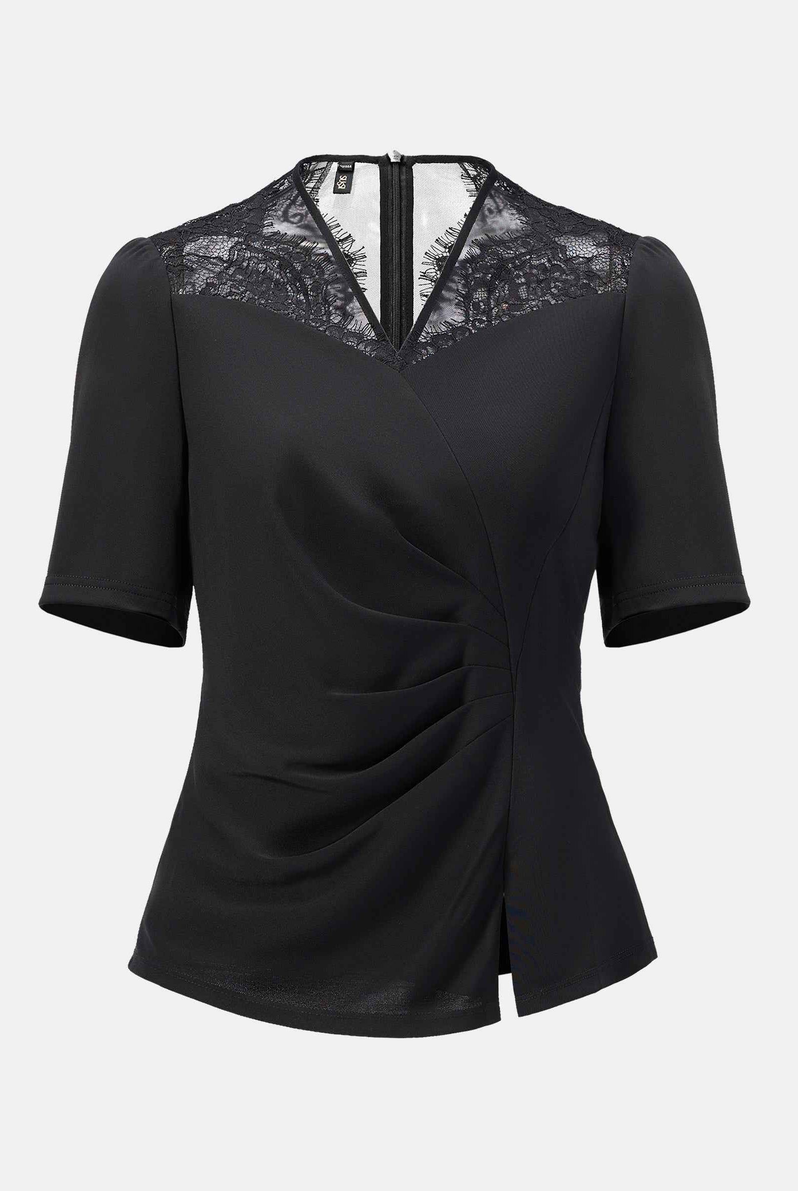 Chinese-inspired short-sleeve blouse with a tailored waist