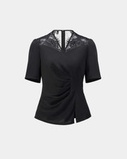 Chinese-inspired short-sleeve blouse with a tailored waist