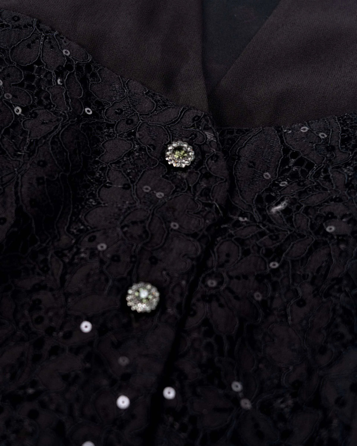 Decorative buttons sit against floral lace with scattered reflective accents nearby.