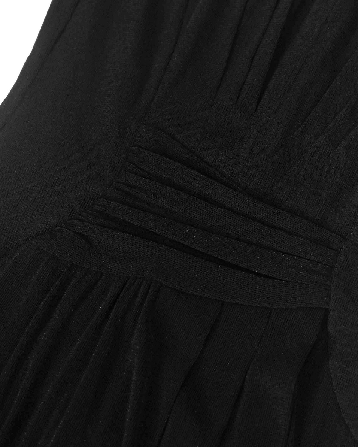 Closely arranged horizontal folds wrap across the waist before opening into longer lines below.