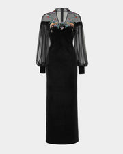 Phoenix Embroidered Sheath Gown with Lantern Sleeves