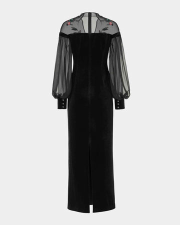 Phoenix Embroidered Sheath Gown with Lantern Sleeves