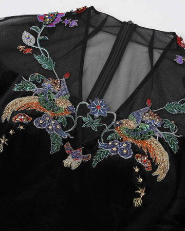 Phoenix Embroidered Sheath Gown with Lantern Sleeves