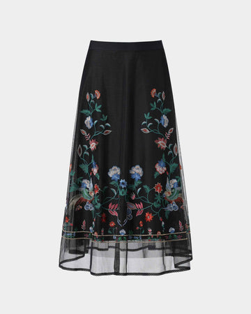 Phoenix Embroidered Midi Skirt with Lace Trim