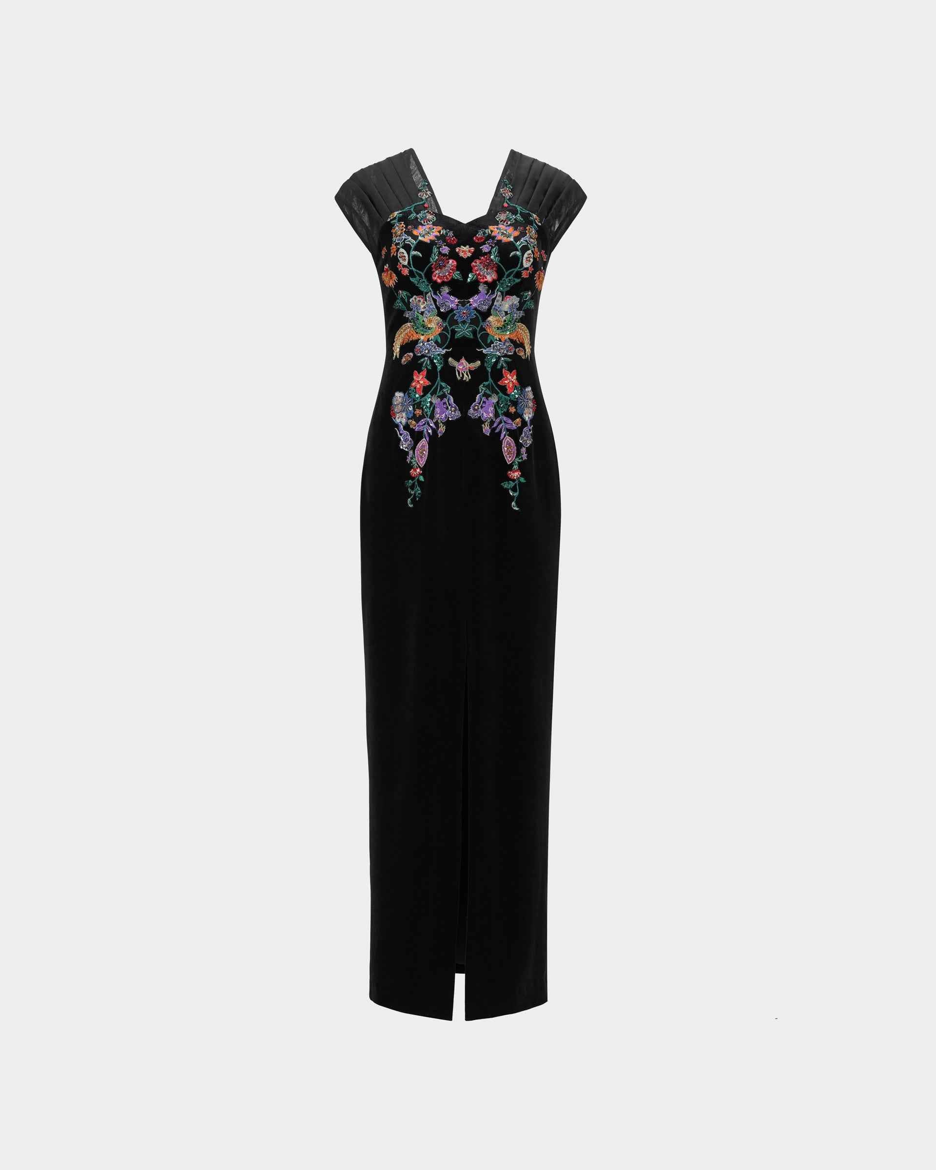 Phoenix Embroidered Gown with Pleated Shoulders