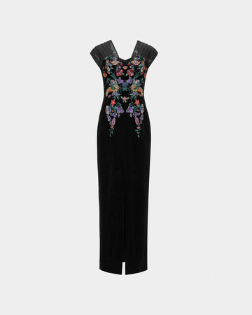 Phoenix Embroidered Gown with Pleated Shoulders