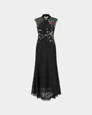 Peony Embroidered Midi Gown with Lace Accents