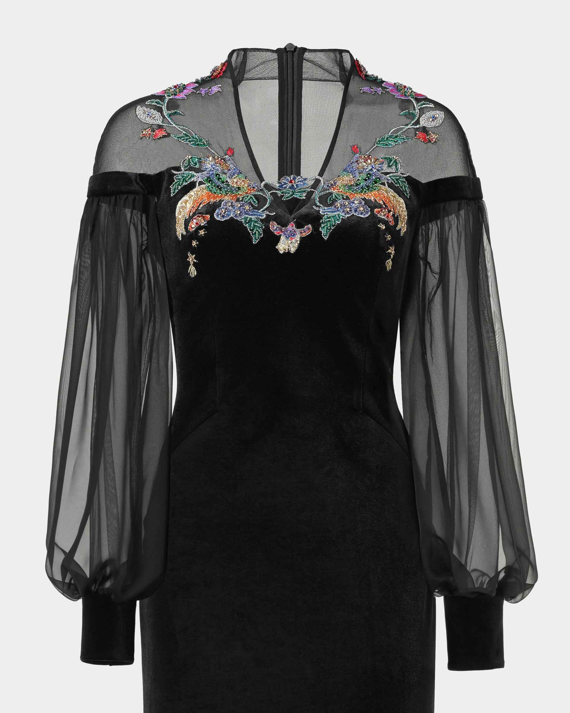 embroidered lantern sleeve dress Onyx Deco Petal Embroidered Tulle Gown with Lantern Sleeves