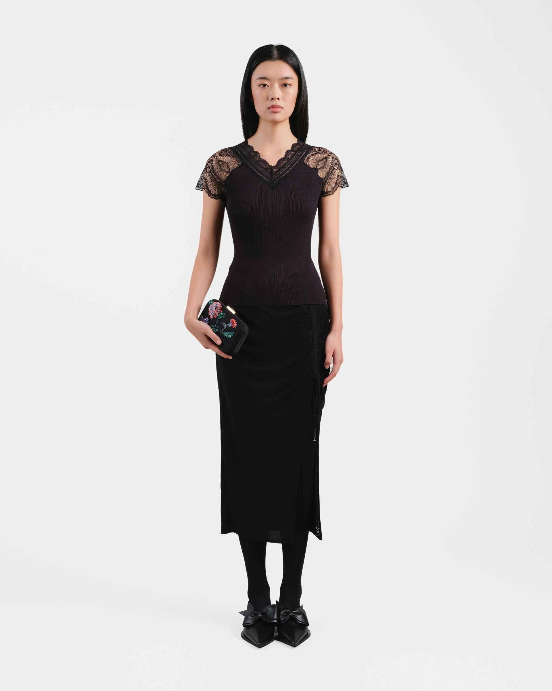 Black Ruched Midi Skirt