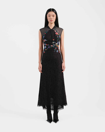 Peony Embroidered Midi Gown with Lace Accents