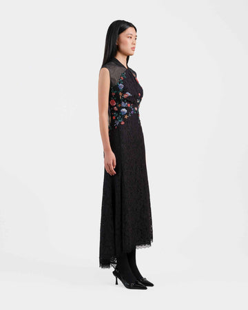 Peony Embroidered Midi Gown with Lace Accents