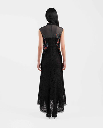 Peony Embroidered Midi Gown with Lace Accents