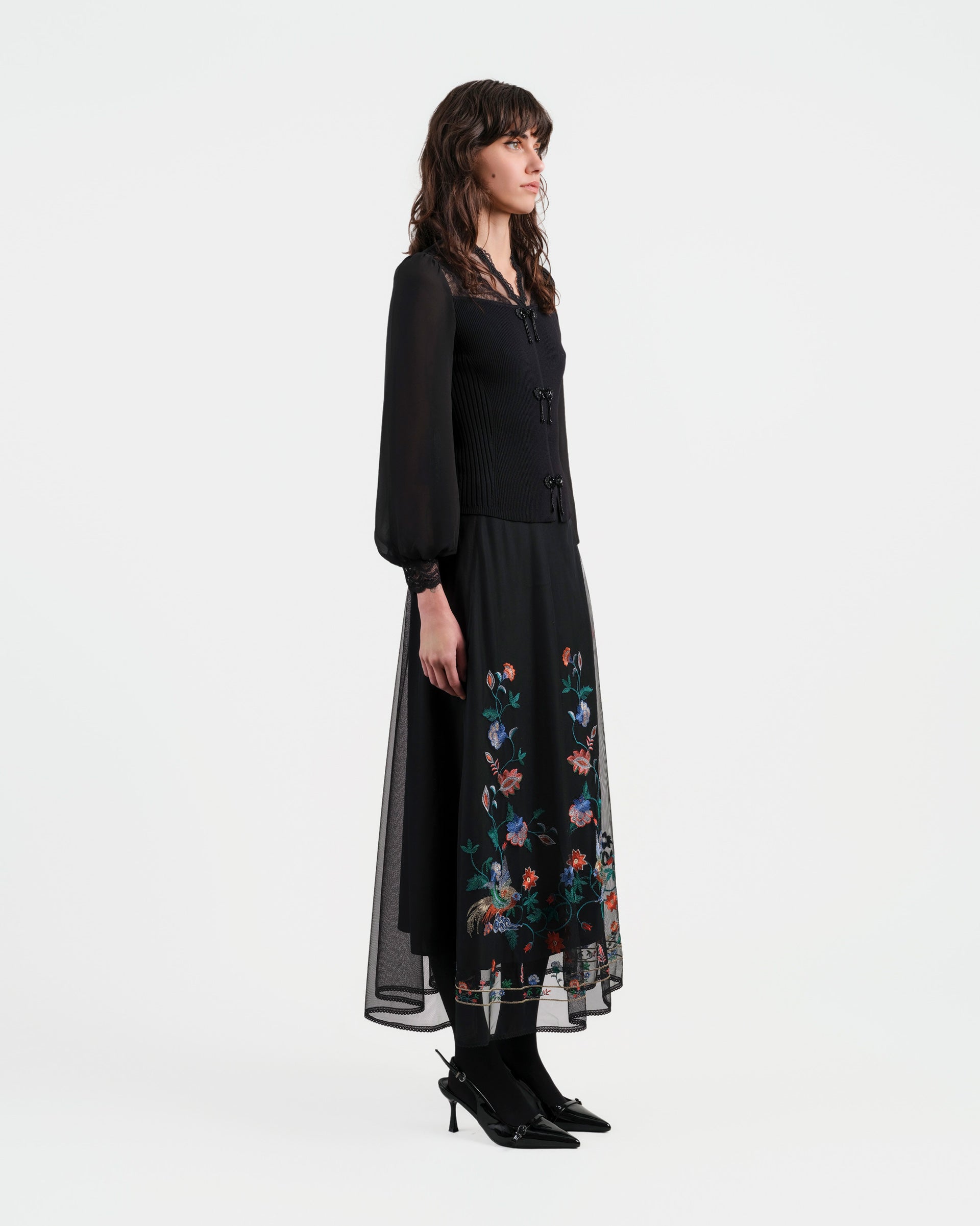 Phoenix Embroidered Midi Skirt with Lace Trim