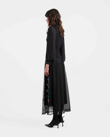 Phoenix Embroidered Midi Skirt with Lace Trim
