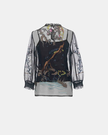 Bird-and-Bloom Bell-Sleeve Blouse