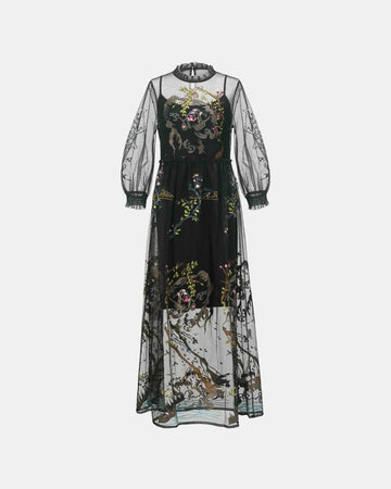 Bird-and-Flower Sheer Overlay Dress