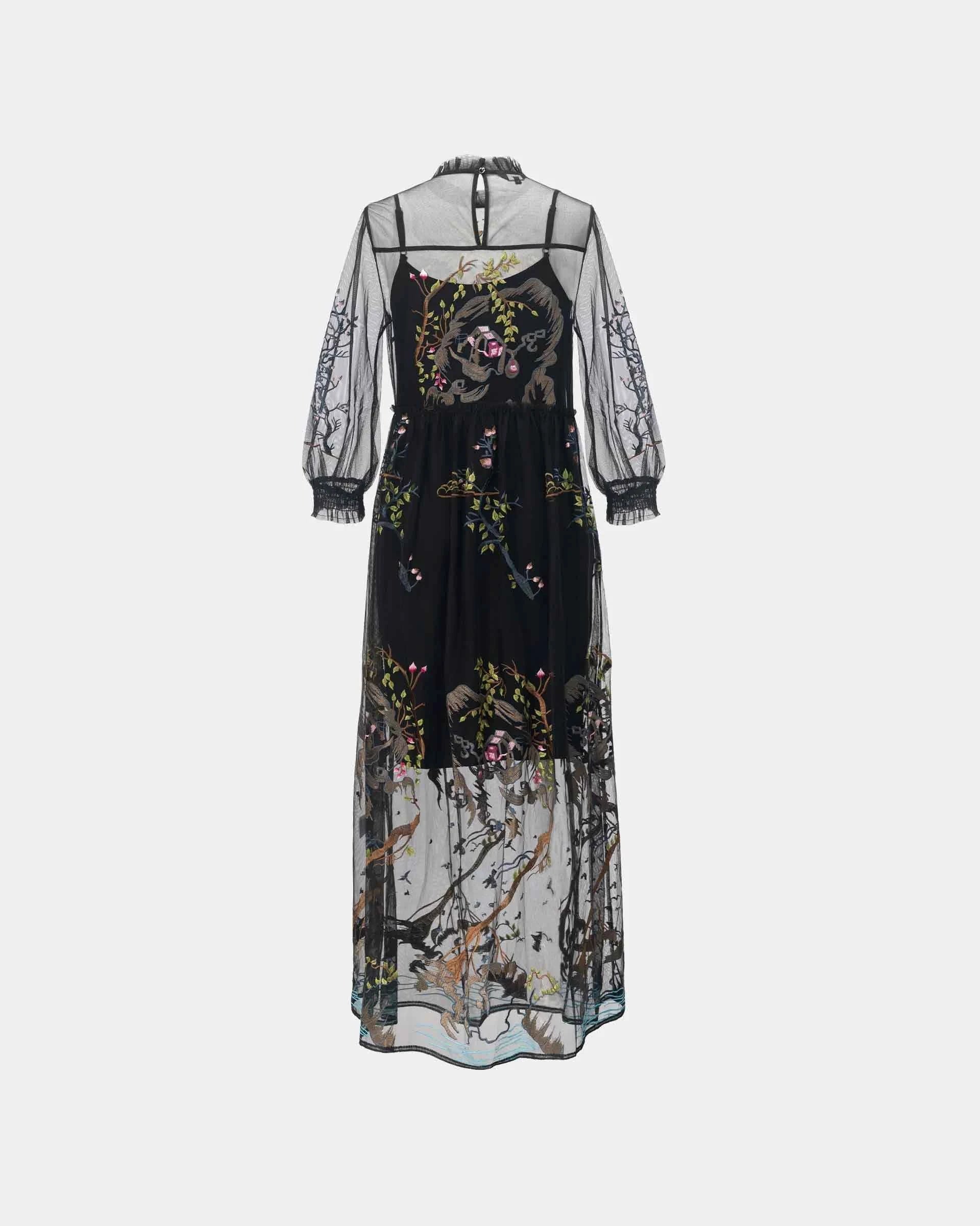 Bird-and-Flower Sheer Overlay Dress