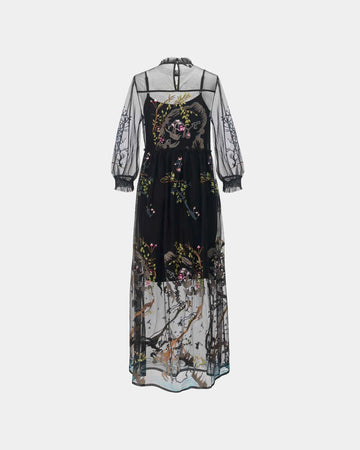 Bird-and-Flower Sheer Overlay Dress