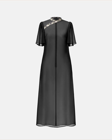 Chinese-Inspired Embroidered Cinched-Waist Shift Dress
