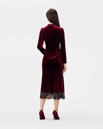 Velvet Lace-Trim Midi Dress