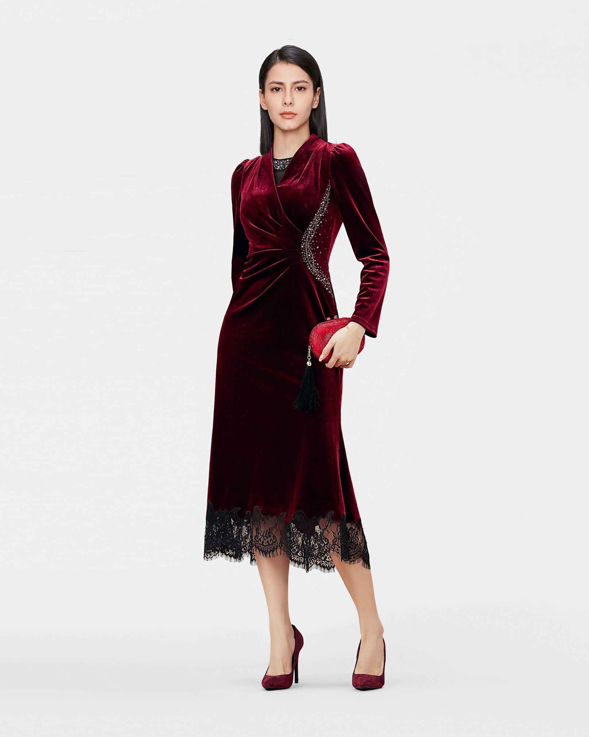Velvet Lace-Trim Midi Dress