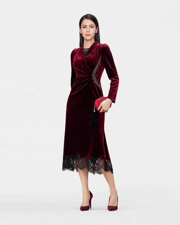 Velvet Lace-Trim Midi Dress