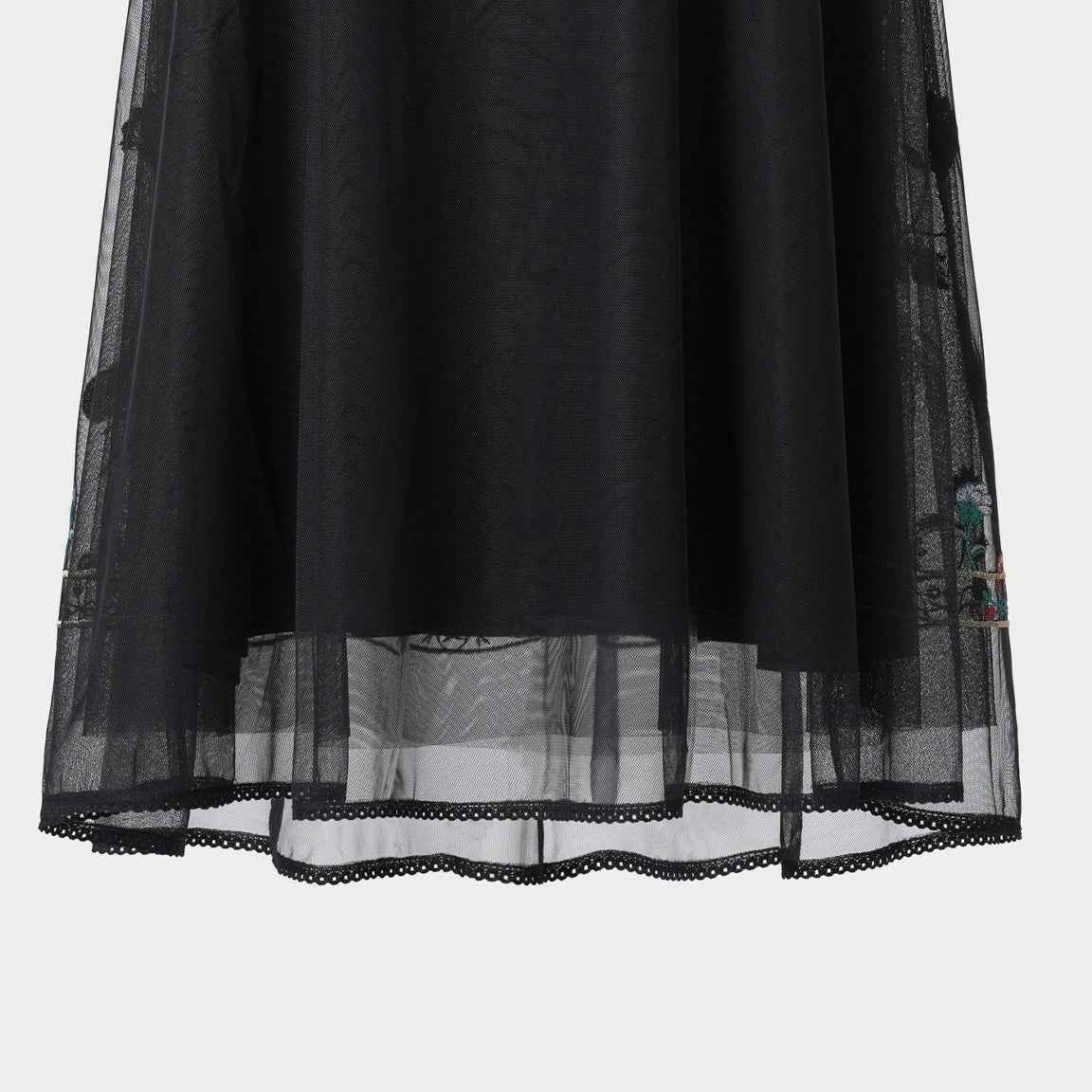 A sheer border extends beneath the skirt's opaque layer, crossed by dark horizontal lines.