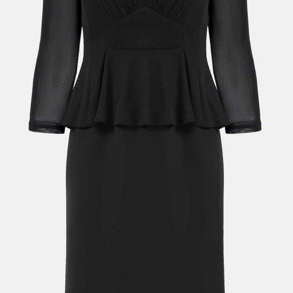 The upper layer opens gently below the waist above a long, narrow skirt.